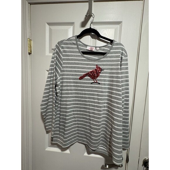 Quacker Factory XL Women's Gray White Strip Knit Top Sequin Red Cardinal - Picture 1 of 3